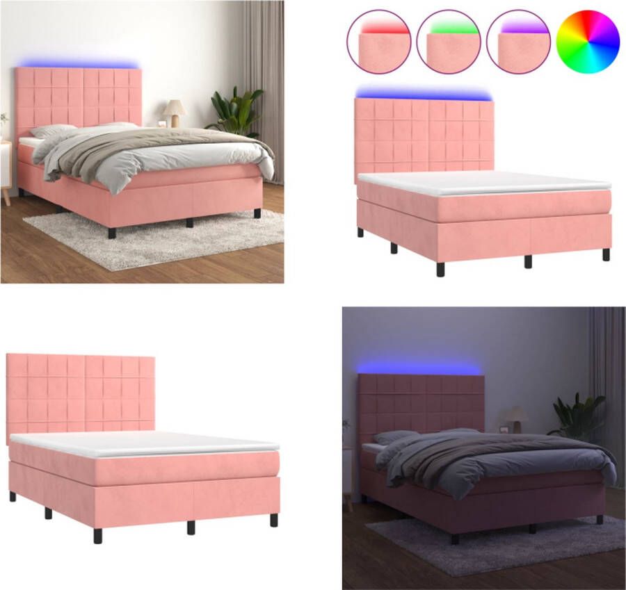 VidaXL Boxspring met matras en LED fluweel roze 140x200 cm Boxspring Boxsprings Bed Slaapmeubel