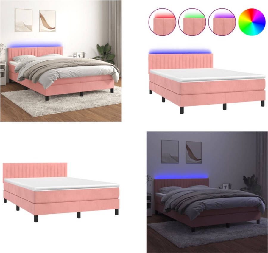 vidaXL Boxspring met matras en LED fluweel roze 140x200 cm Boxspring Boxsprings Bed Slaapmeubel