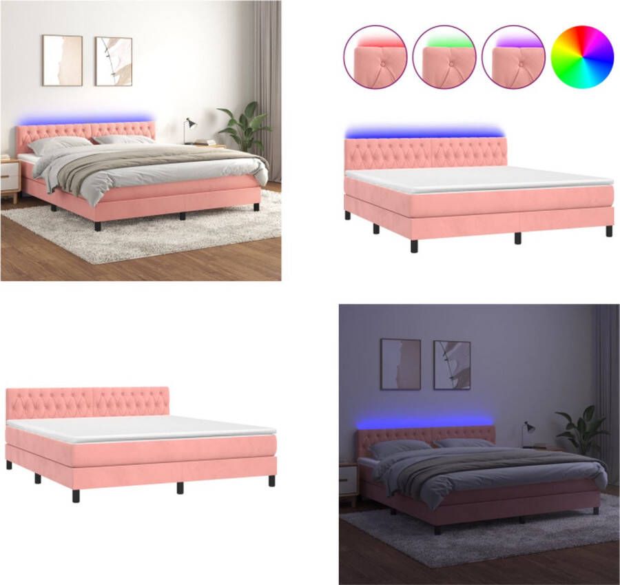 VidaXL Boxspring met matras en LED fluweel roze 180x200 cm Boxspring Boxsprings Bed Slaapmeubel