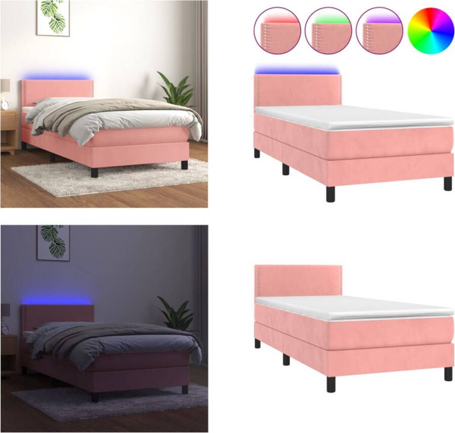 vidaXL Boxspring met matras en LED fluweel roze 90x190 cm Boxspring Boxsprings Bed Slaapmeubel