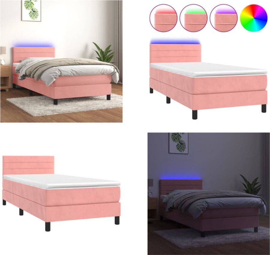 VidaXL Boxspring met matras en LED fluweel roze 90x190 cm Boxspring Boxsprings Bed Slaapmeubel