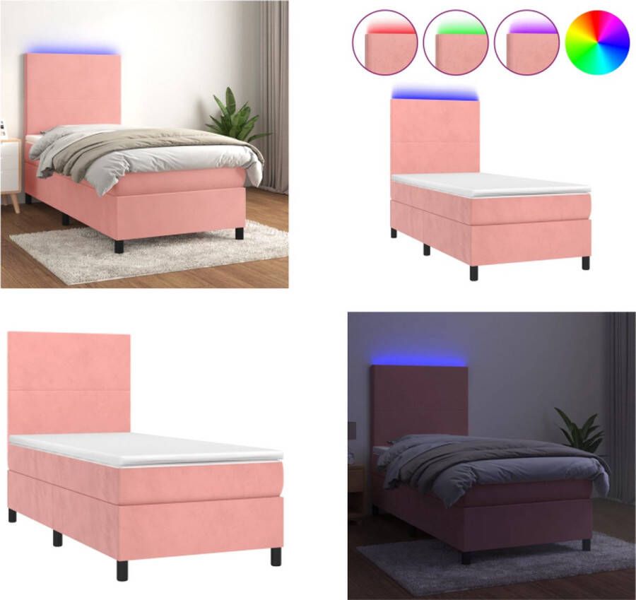 VidaXL Boxspring met matras en LED fluweel roze 90x200 cm Boxspring Boxsprings Bed Slaapmeubel