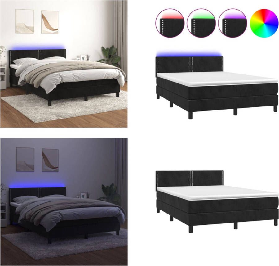 vidaXL Boxspring met matras en LED fluweel zwart 140x200 cm Boxspring Boxsprings Bed Slaapmeubel