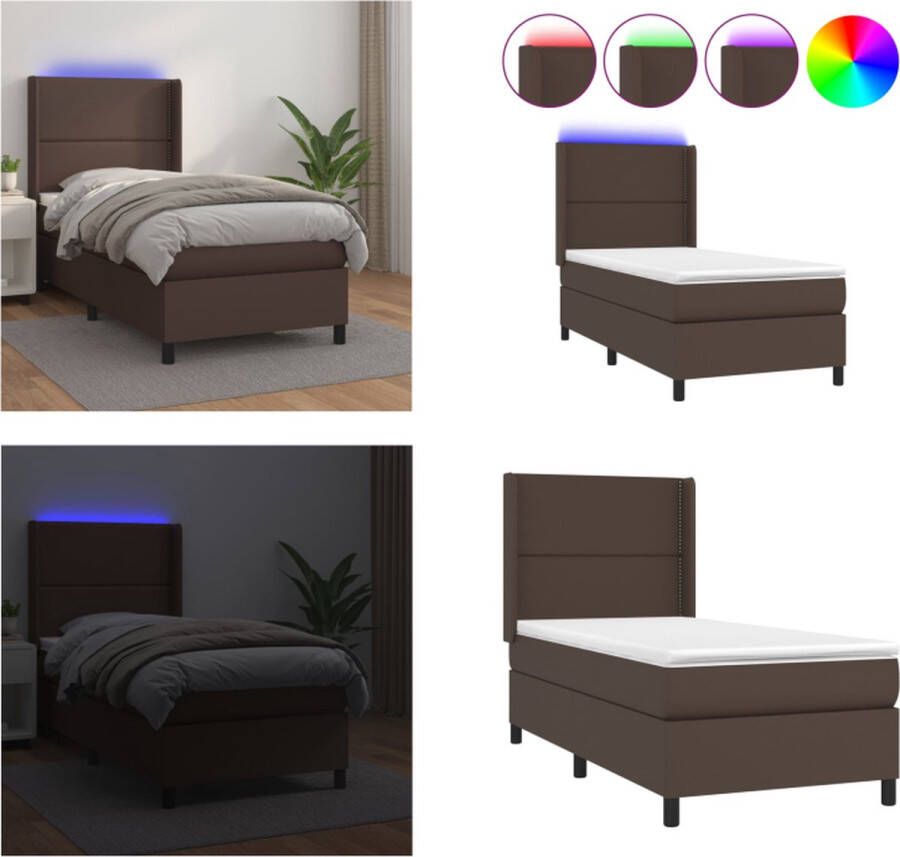 VidaXL Boxspring met matras en LED kunstleer bruin 100x200 cm Boxspring Boxsprings Bed Slaapmeubel