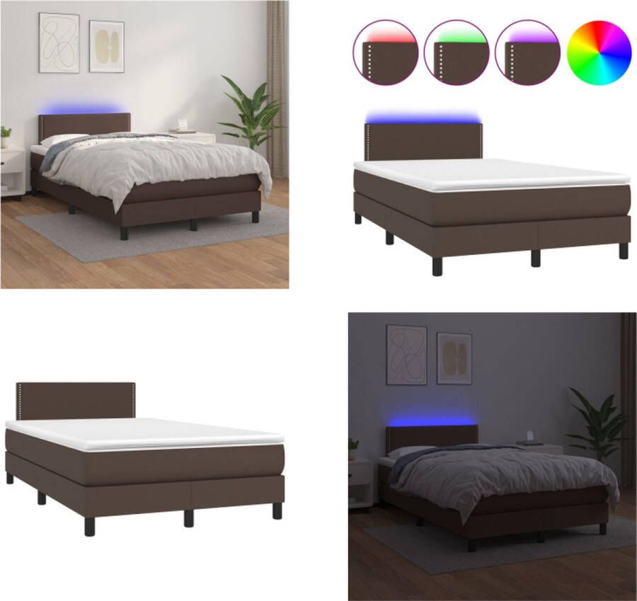 vidaXL Boxspring met matras en LED kunstleer bruin 120x200 cm Boxspring Boxsprings Bed Slaapmeubel