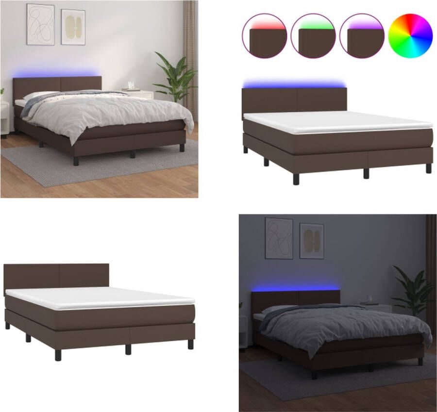 vidaXL Boxspring met matras en LED kunstleer bruin 140x190 cm Boxspring Boxsprings Bed Slaapmeubel