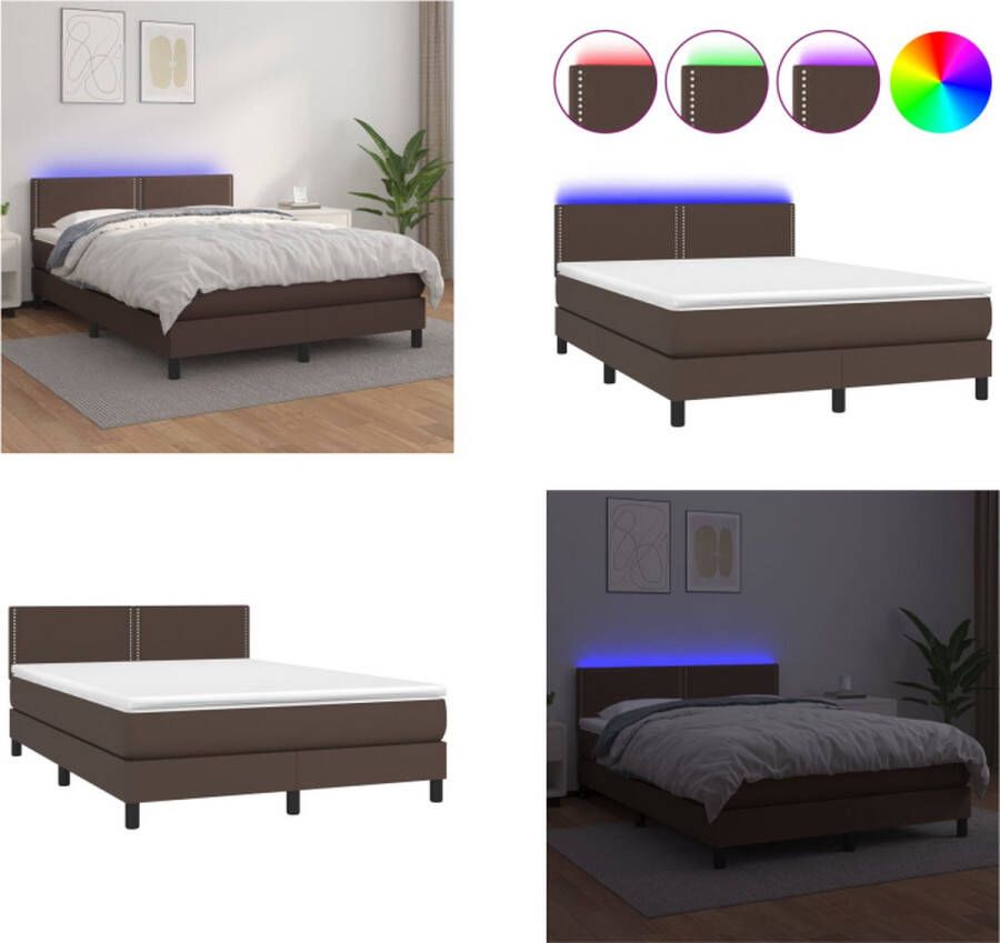 VidaXL Boxspring met matras en LED kunstleer bruin 140x200 cm Boxspring Boxsprings Bed Slaapmeubel