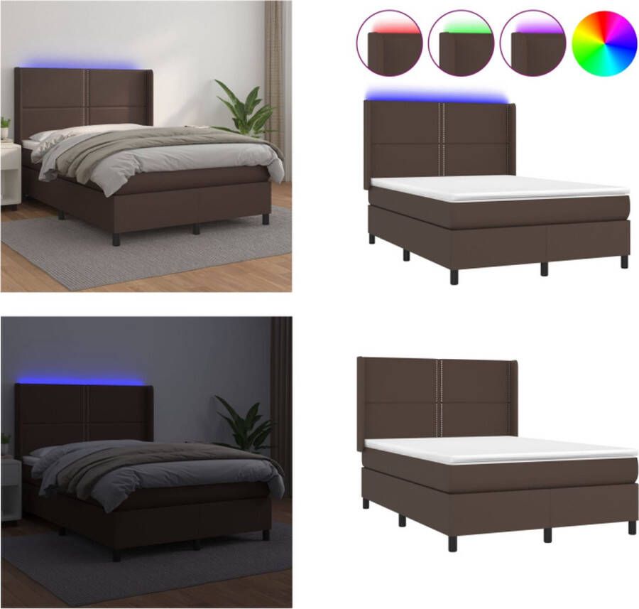 vidaXL Boxspring met matras en LED kunstleer bruin 140x200 cm Boxspring Boxsprings Bed Slaapmeubel