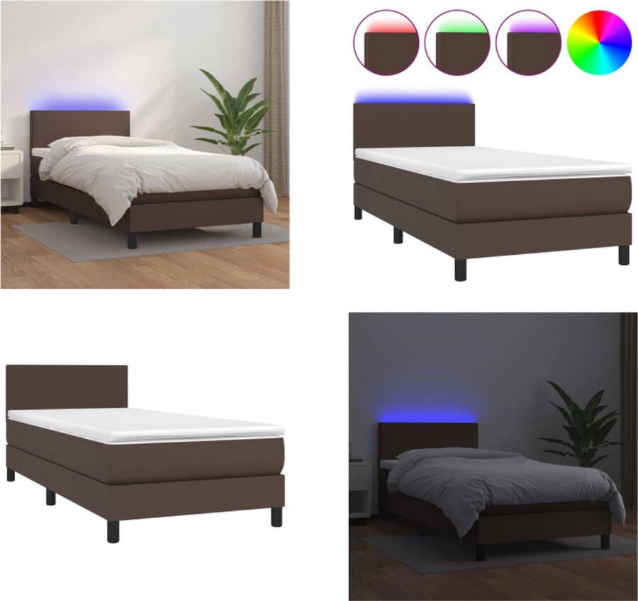 VidaXL Boxspring met matras en LED kunstleer bruin 90x200 cm Boxspring Boxsprings Bed Slaapmeubel - Foto 2