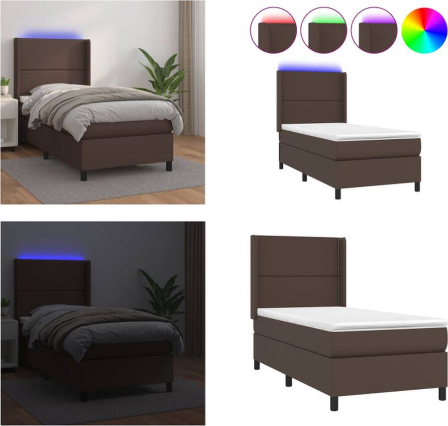 VidaXL Boxspring met matras en LED kunstleer bruin 90x200 cm Boxspring Boxsprings Bed Slaapmeubel