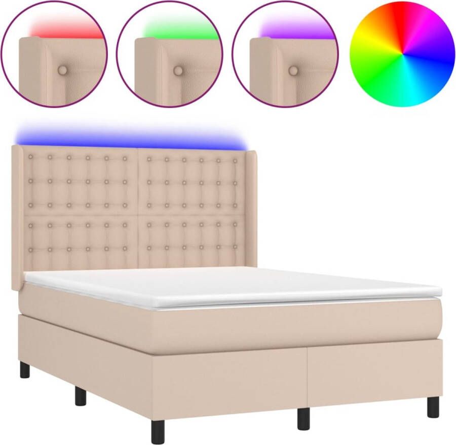 VidaXL -Boxspring-met-matras-en-LED-kunstleer-cappuccinokleur-140x200cm