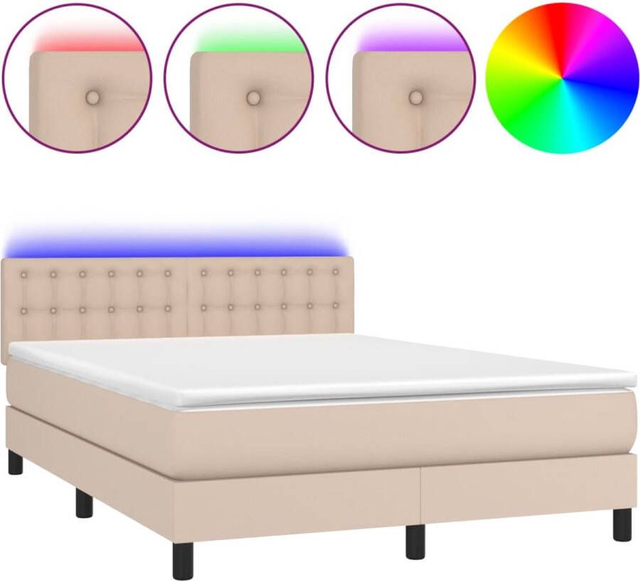 VidaXL -Boxspring-met-matras-en-LED-kunstleer-cappuccinokleur-140x200cm