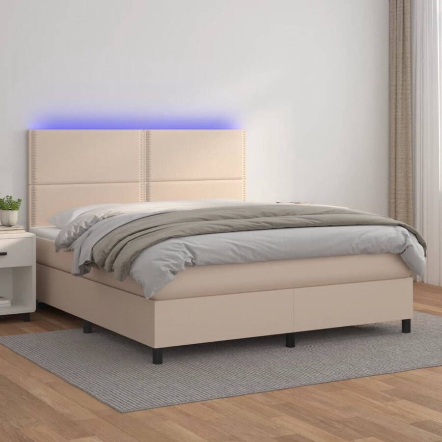 VidaXL -Boxspring-met-matras-en-LED-kunstleer-cappuccinokleur-140x200cm