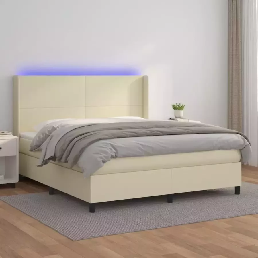 VidaXL -Boxspring-met-matras-en-LED-kunstleer-crèmekleurig-180x200-cm