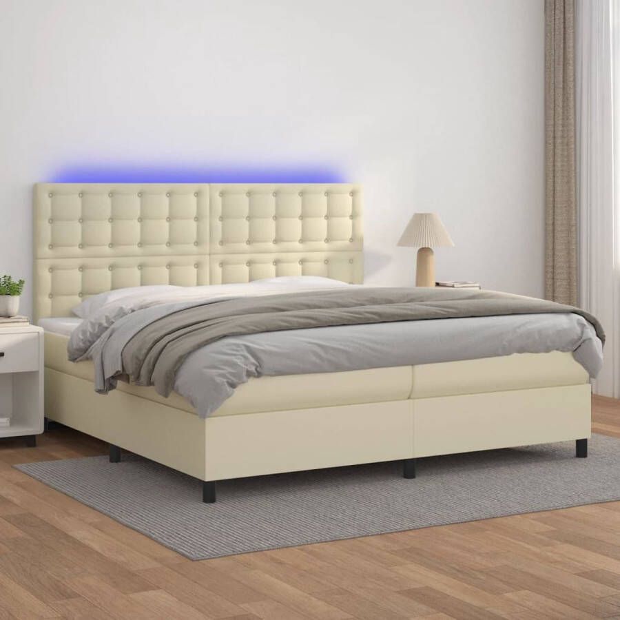 VidaXL -Boxspring-met-matras-en-LED-kunstleer-crèmekleurig-200x200-cm