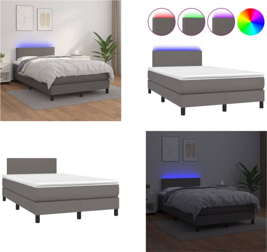 vidaXL Boxspring met matras en LED kunstleer grijs 120x200 cm Boxspring Boxsprings Bed Slaapmeubel