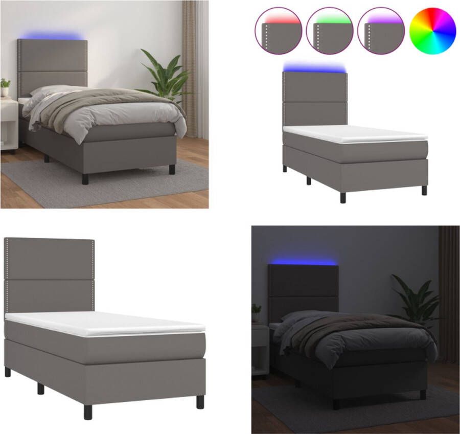 VidaXL Boxspring met matras en LED kunstleer grijs 90x190 cm Boxspring Boxsprings Bed Slaapmeubel