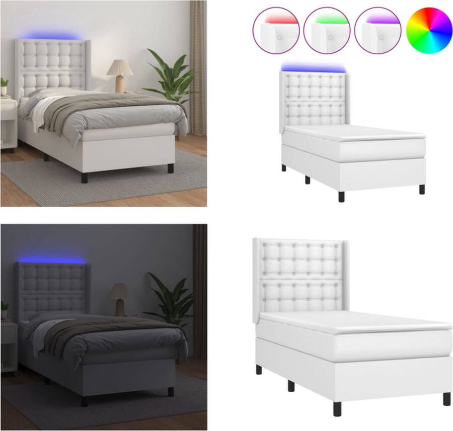 VidaXL Boxspring met matras en LED kunstleer wit 100x200 cm Boxspring Boxsprings Bed Slaapmeubel - Foto 2