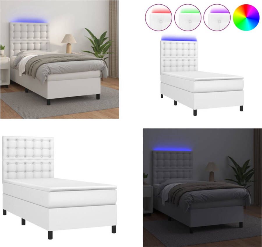 VidaXL Boxspring met matras en LED kunstleer wit 100x200 cm Boxspring Boxsprings Bed Slaapmeubel