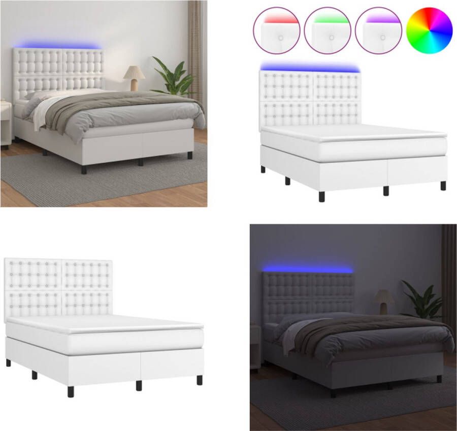 VidaXL Boxspring met matras en LED kunstleer wit 140x200 cm Boxspring Boxsprings Bed Slaapmeubel