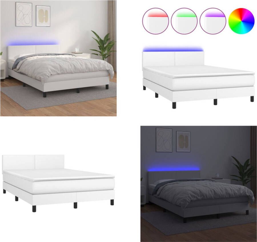 VidaXL Boxspring met matras en LED kunstleer wit 140x200 cm Boxspring Boxsprings Bed Slaapmeubel