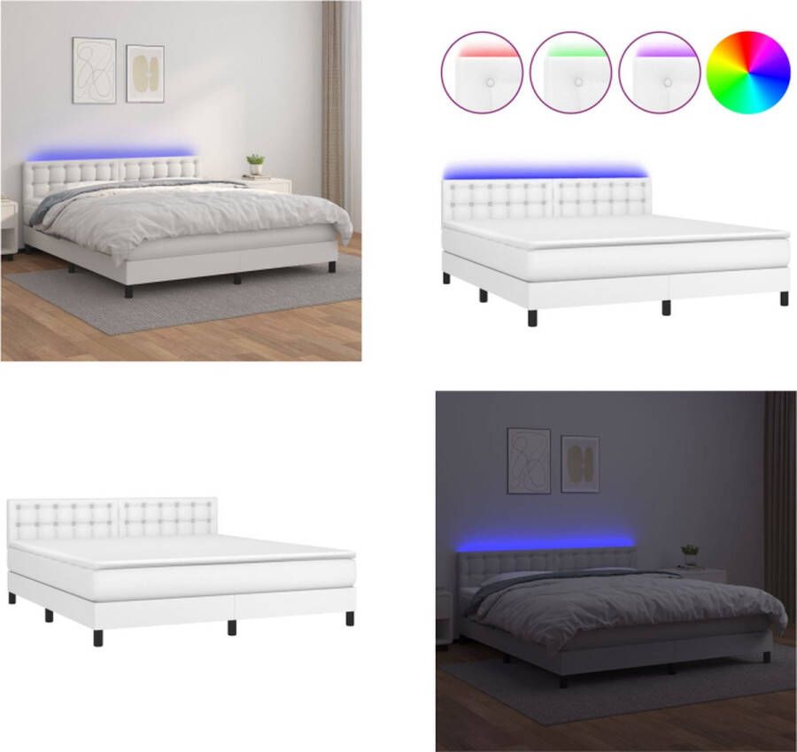 VidaXL Boxspring met matras en LED kunstleer wit 180x200 cm Boxspring Boxsprings Bed Slaapmeubel