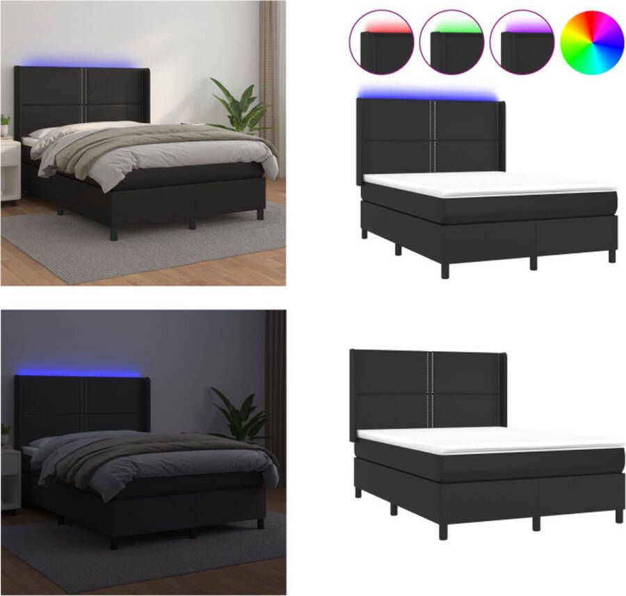 vidaXL Boxspring met matras en LED kunstleer zwart 140x190 cm Boxspring Boxsprings Bed Slaapmeubel