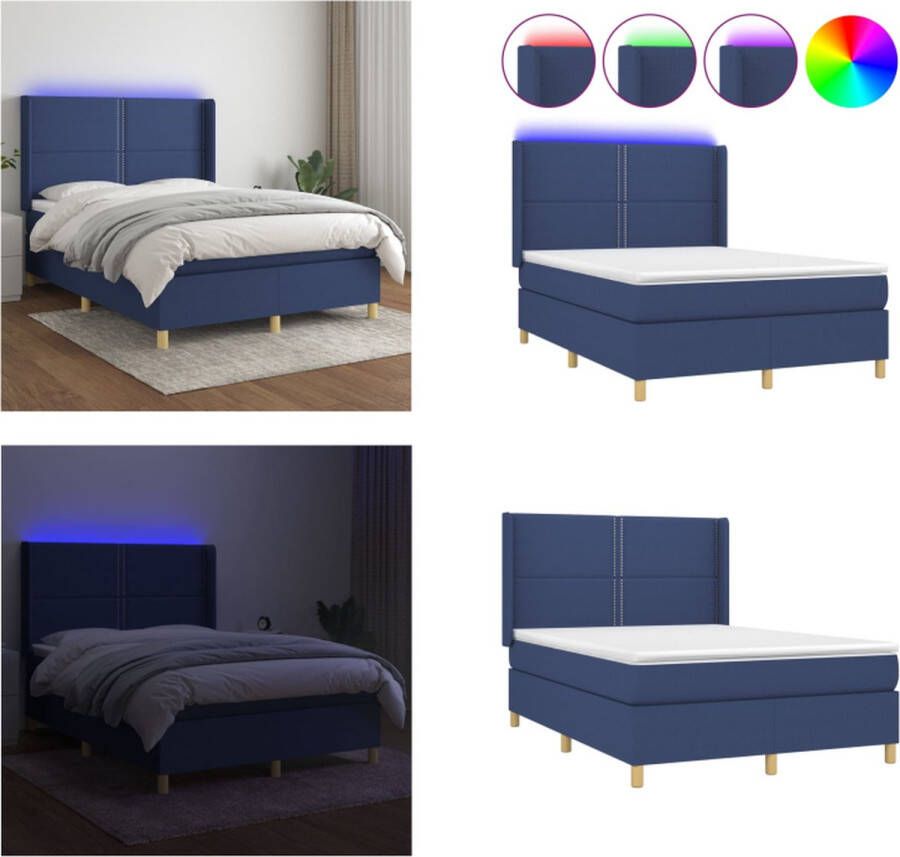 vidaXL Boxspring met matras en LED stof blauw 140x190 cm Boxspring Boxsprings Bed Slaapmeubel