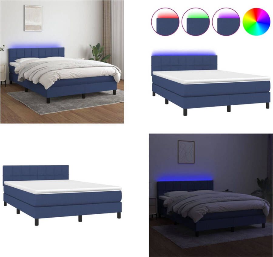 vidaXL Boxspring met matras en LED stof blauw 140x190 cm Boxspring Boxsprings Bed Slaapmeubel