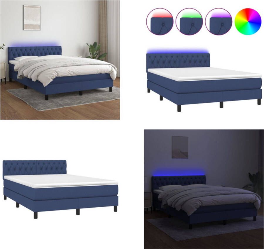 vidaXL Boxspring met matras en LED stof blauw 140x200 cm Boxspring Boxsprings Bed Slaapmeubel