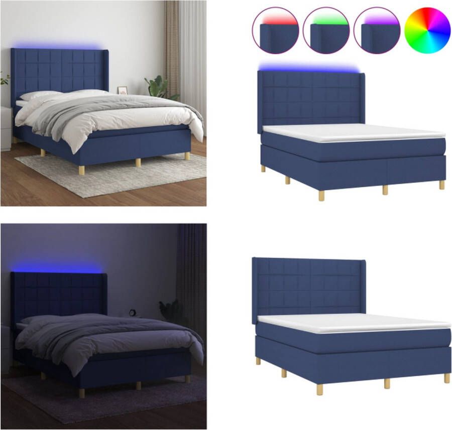 VidaXL Boxspring met matras en LED stof blauw 140x200 cm Boxspring Boxsprings Bed Slaapmeubel