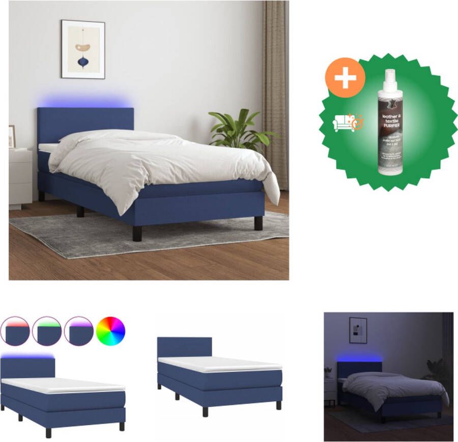 VidaXL Boxspring LED 203 x 80 x 78 88 cm Blauw stof Hoofdbord verstelbaar Pocketvering matras Huidvriendelijk topmatras Bed Inclusief Reiniger