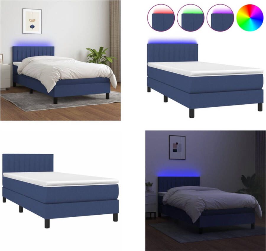 vidaXL Boxspring met matras en LED stof blauw 90x190 cm Boxspring Boxsprings Bed Slaapmeubel