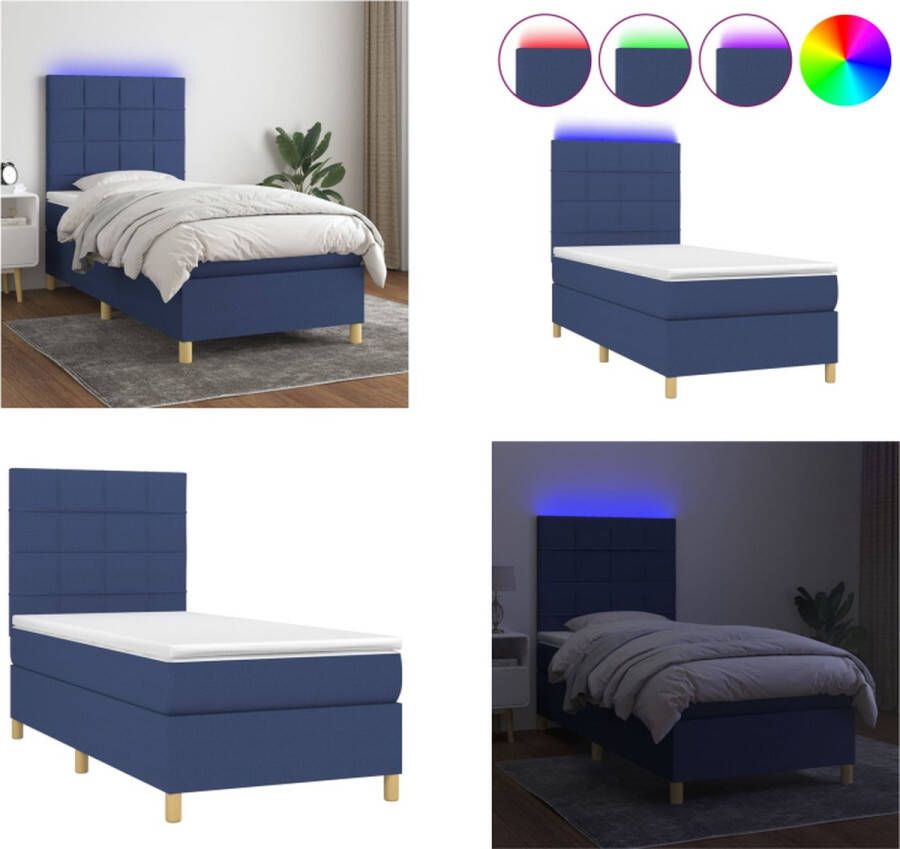 vidaXL Boxspring met matras en LED stof blauw 90x190 cm Boxspring Boxsprings Bed Slaapmeubel