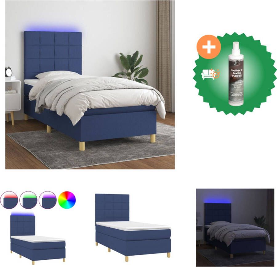 VidaXL Boxspring LED 203 x 90 x 118 128 cm Blauw Pocketvering matras Huidvriendelijk topmatras Bed Inclusief Reiniger