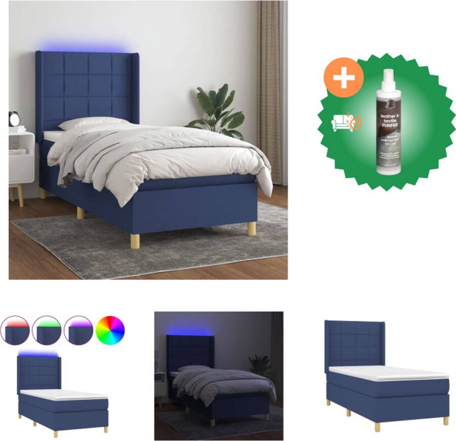 vidaXL Boxspring met matras en LED stof blauw 90x200 cm Bed Inclusief Reiniger