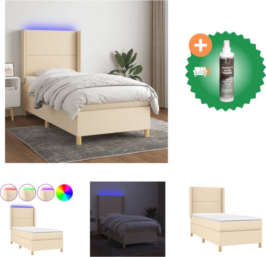 vidaXL Boxspring met matras en LED stof crèmekleurig 100x200 cm Bed Inclusief Reiniger