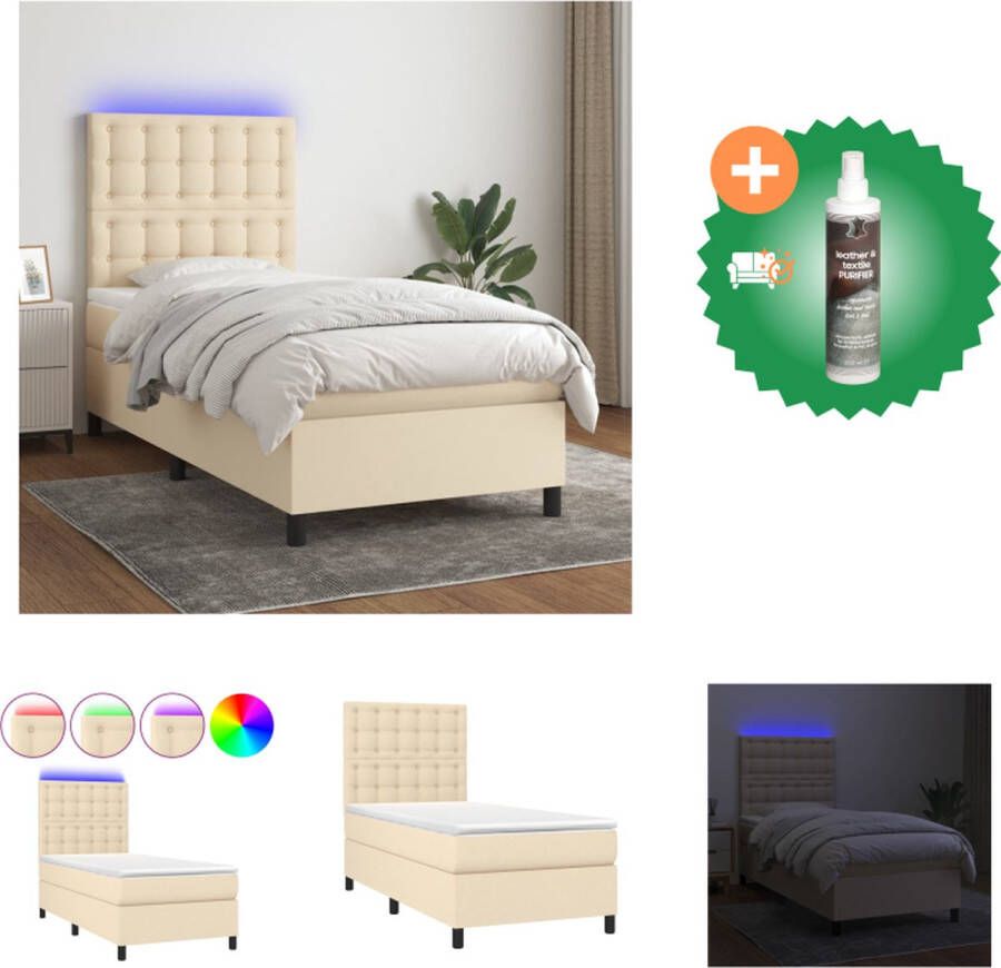 VidaXL Boxspring Bed Crème 203 x 100 x 78 88 cm Verstelbaar hoofdbord LED-verlichting Pocketvering matras Huidvriendelijk topmatras Bed Inclusief Reiniger