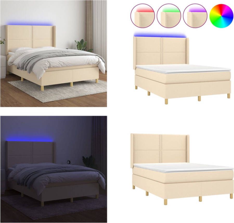 vidaXL Boxspring met matras en LED stof crèmekleurig 140x190 cm Boxspring Boxsprings Bed Slaapmeubel