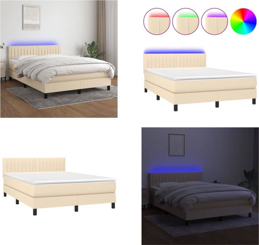 VidaXL Boxspring met matras en LED stof crèmekleurig 140x190 cm Boxspring Boxsprings Bed Slaapmeubel