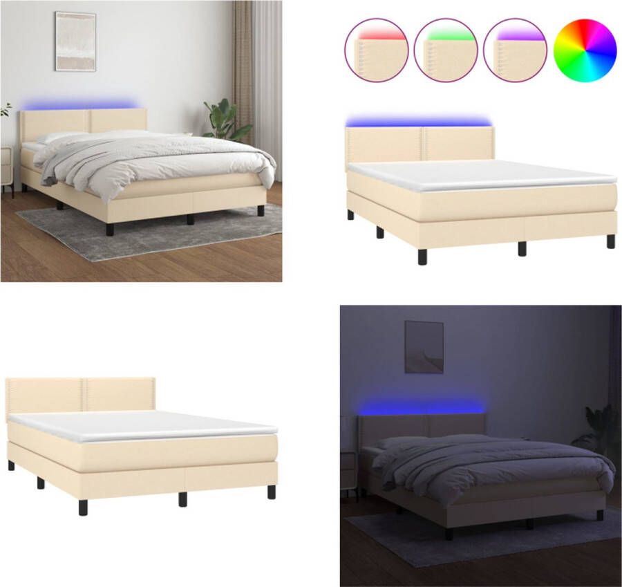 VidaXL Boxspring met matras en LED stof crèmekleurig 140x190 cm Boxspring Boxsprings Bed Slaapmeubel - Foto 1