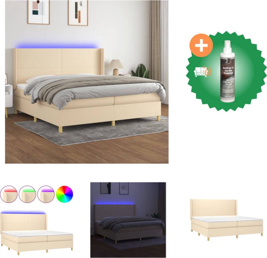 vidaXL Boxspring met matras en LED stof crèmekleurig 200x200 cm Bed Inclusief Reiniger