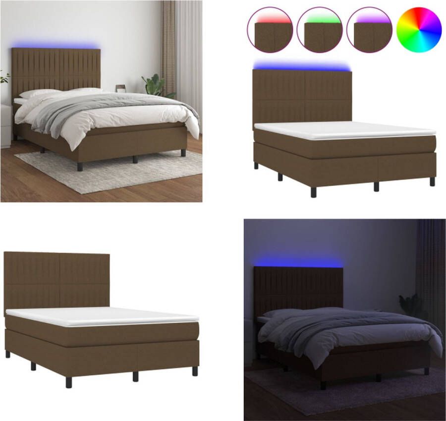 VidaXL Boxspring met matras en LED stof donkerbruin 140x200 cm Boxspring Boxsprings Bed Slaapmeubel - Foto 2