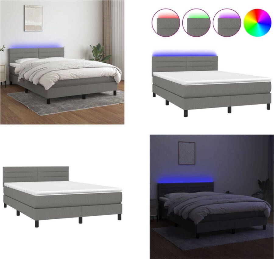 VidaXL Boxspring met matras en LED stof donkergrijs 140x200 cm Boxspring Boxsprings Bed Slaapmeubel