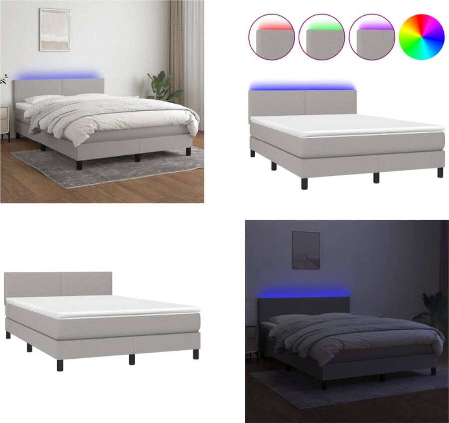 VidaXL Boxspring met matras en LED stof lichtgrijs 140x190 cm Boxspring Boxsprings Bed Slaapmeubel
