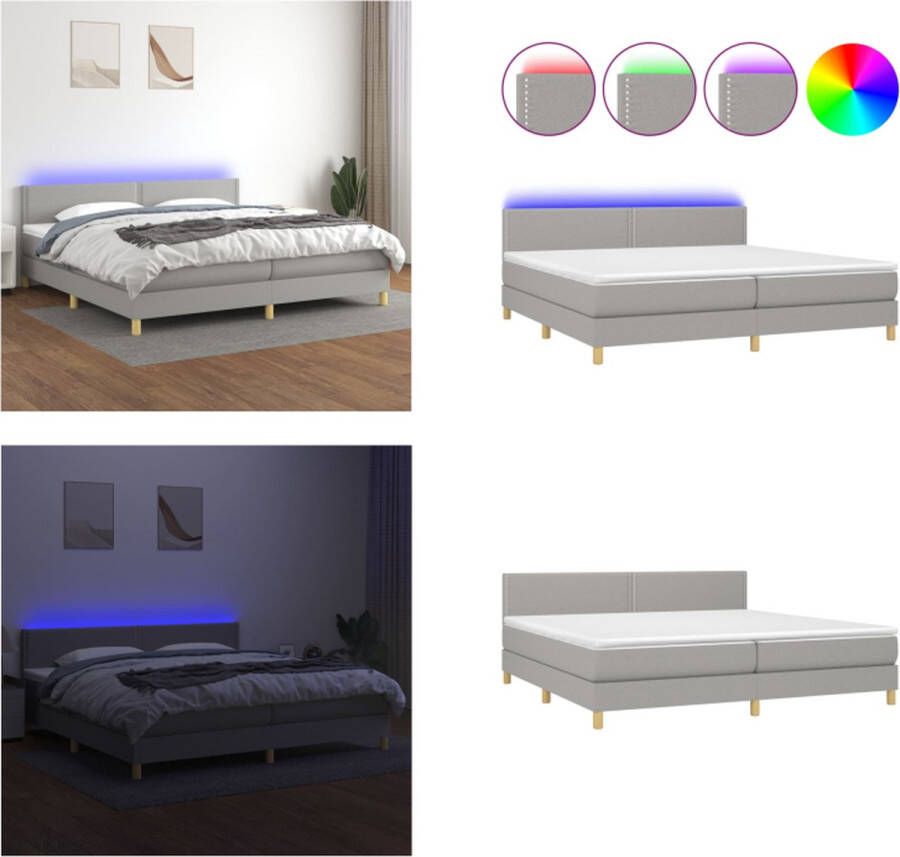 vidaXL Boxspring met matras en LED stof lichtgrijs 200x200 cm Boxspring Boxsprings Bed Slaapmeubel