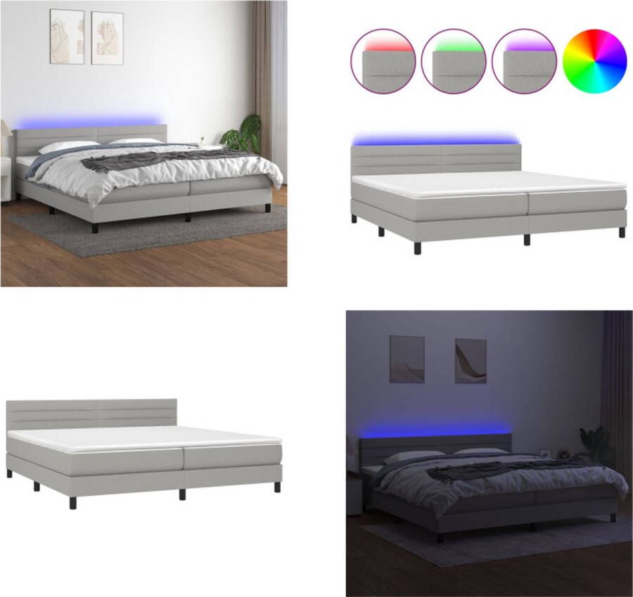 vidaXL Boxspring met matras en LED stof lichtgrijs 200x200 cm Boxspring Boxsprings Bed Slaapmeubel