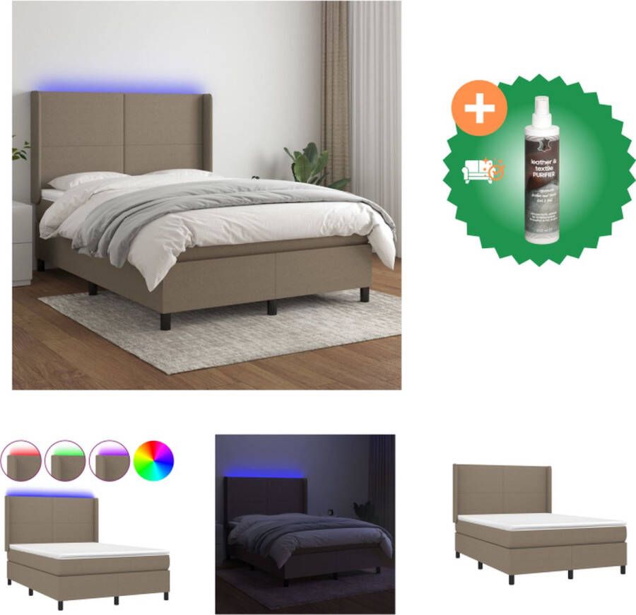 vidaXL Boxspring met matras en LED stof taupe 140x190 cm Bed Inclusief Reiniger