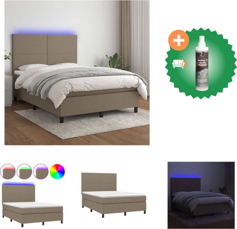 vidaXL Boxspring met matras en LED stof taupe 140x200 cm Bed Inclusief Reiniger