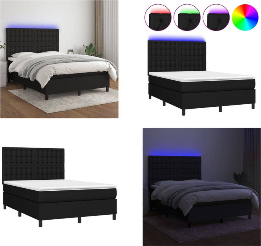 VidaXL Boxspring met matras en LED stof zwart 140x190 cm Boxspring Boxsprings Bed Slaapmeubel